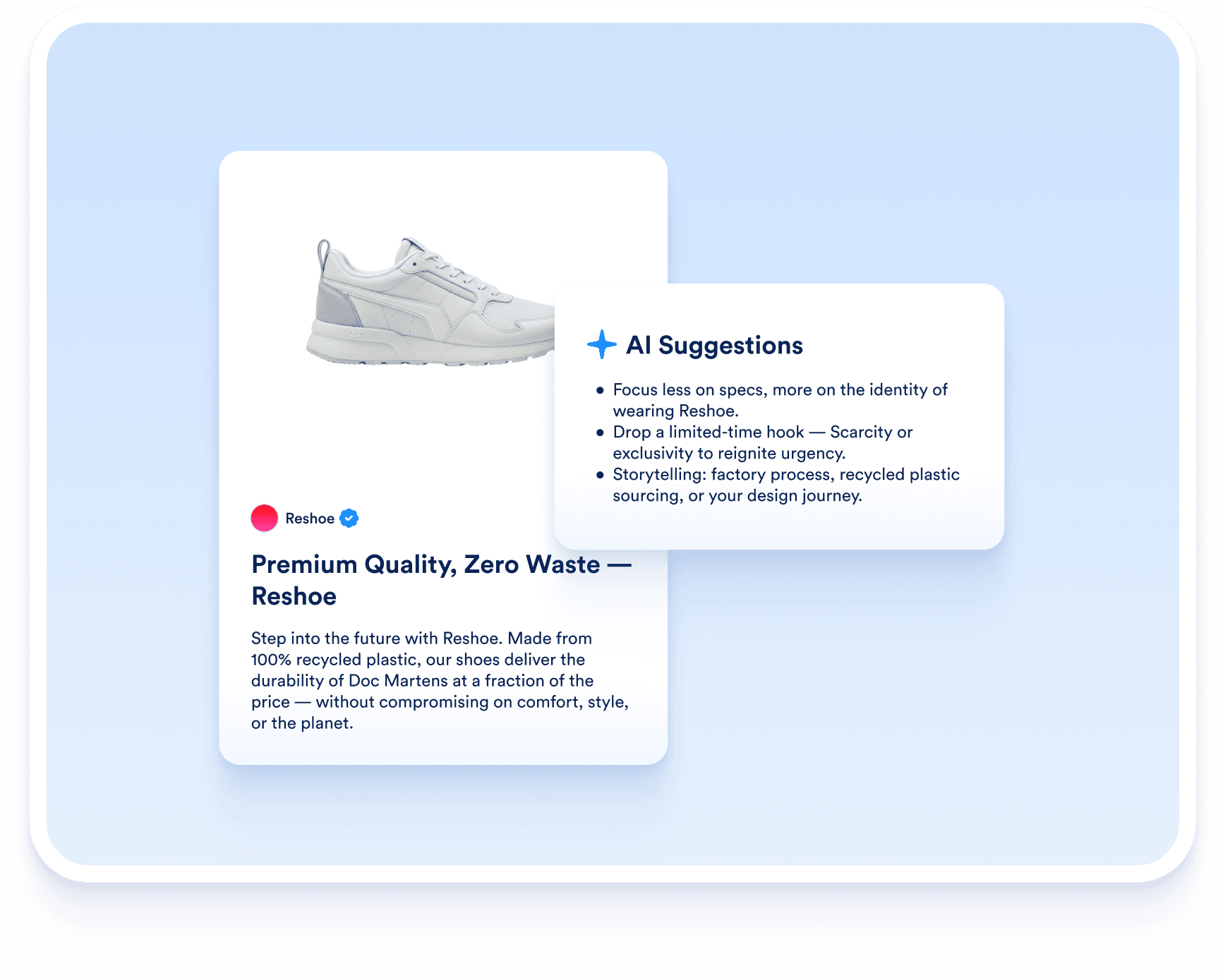 MessCube AI suggestions panel recommending improvements to an ad