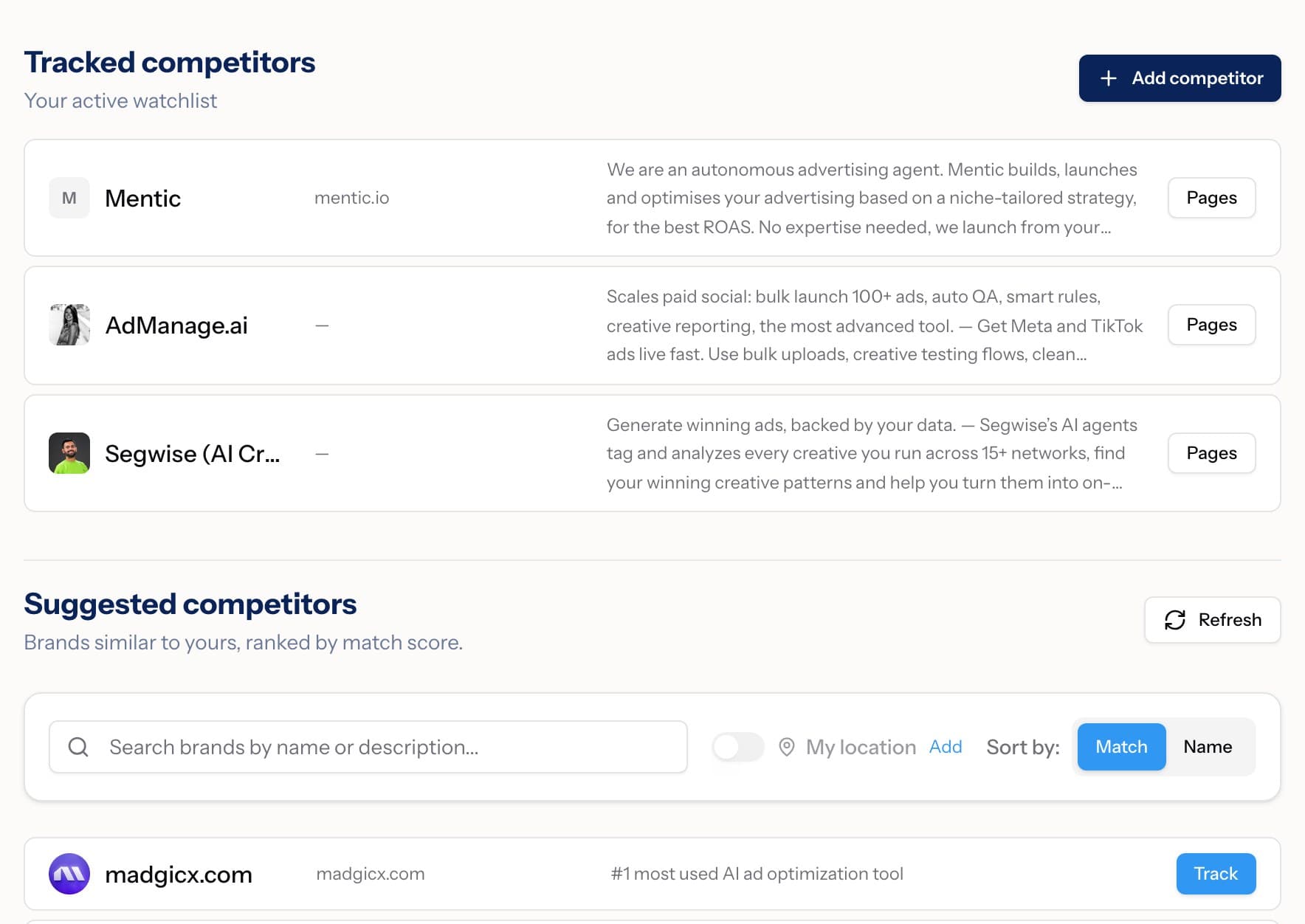 MessCube Competitors page: tracked competitors with their descriptions, and suggested competitors ranked by match with one-click Track buttons