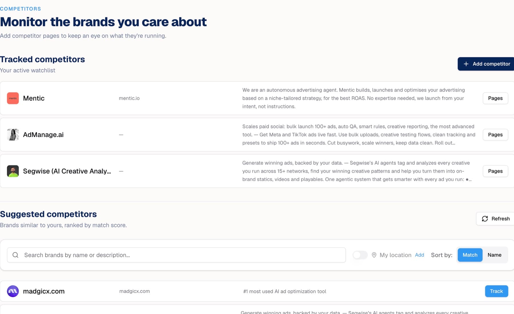 MessCube Competitors page: tracked competitors with their descriptions, and suggested competitors ranked by match with one-click Track buttons