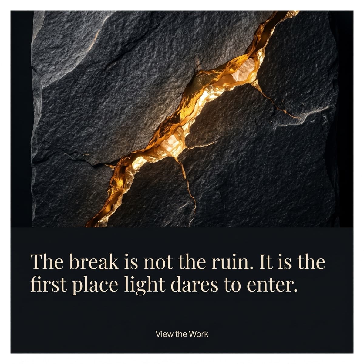 Art poster: a gold seam of light through black stone